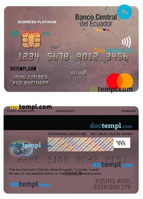 Ecuador Central bank business platinum mastercard template in PSD format