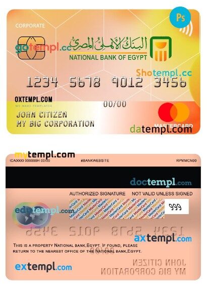 Egypt National bank corporate mastercard template in PSD format