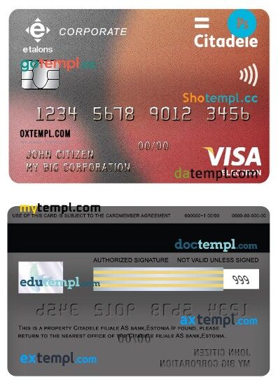 Estonia Citadele filiale AS bank corporate visa electron card template in PSD format