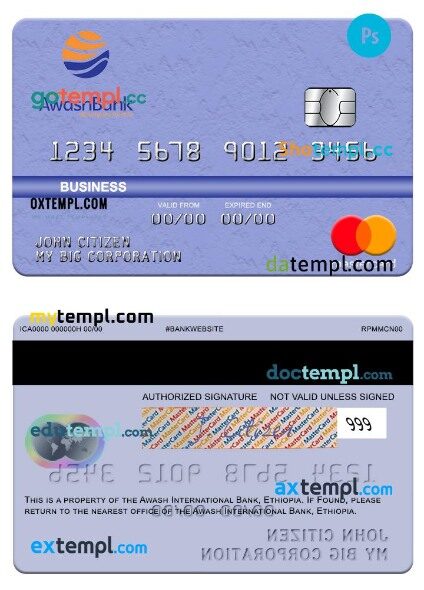 Ethiopia Awash International Bank business mastercard template in PSD format