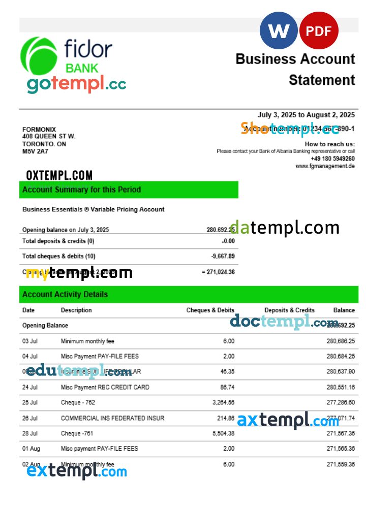 Fidor bank business firm account statement Word snd PDF format