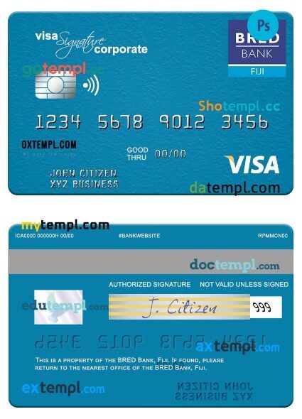 Fiji Bred Bank corporate visa signature card template in PSD format