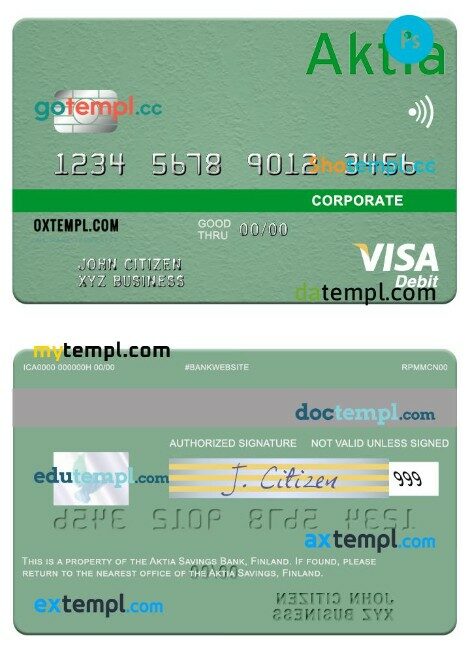 Finland Aktia Savings Bank corporate visa debit card template in PSD format