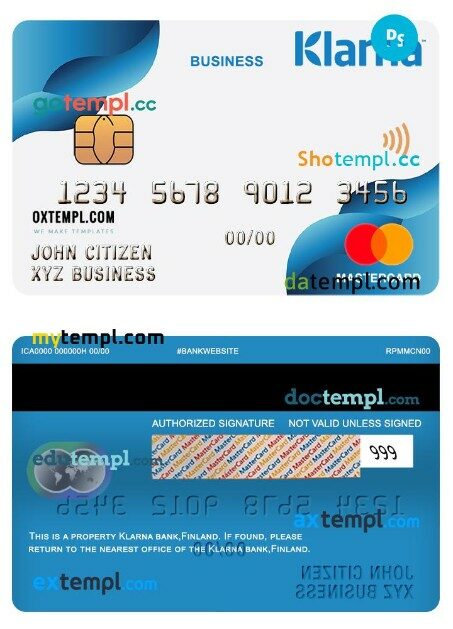 Finland Klarna bank business mastercard template in PSD format