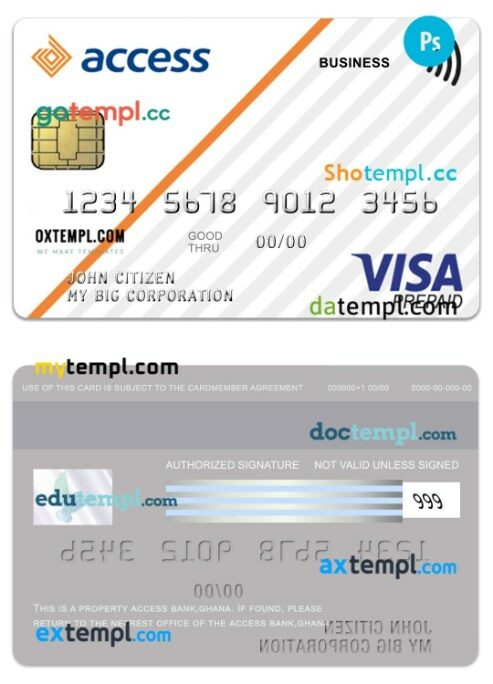 Ghana Access Bank business visa prepaid card template in PSD format