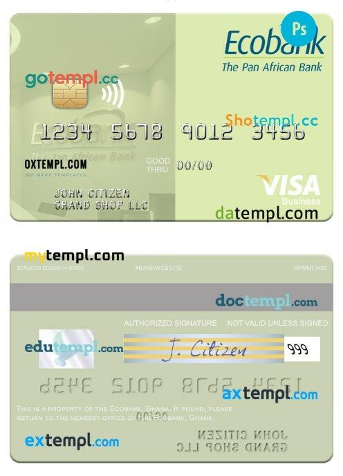 Ghana Ecobank visa business card template in PSD format