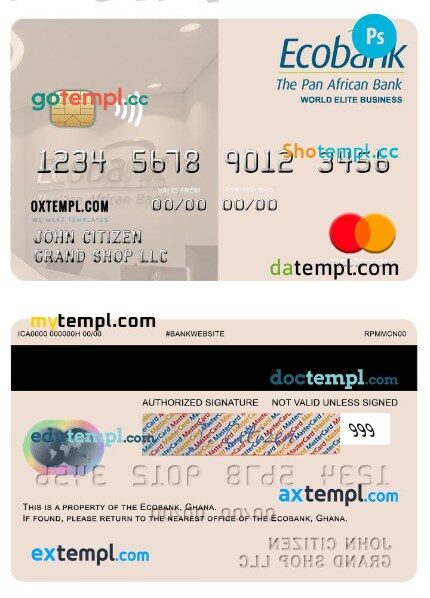 Ghana Ecobank world elite business mastercard template in PSD format