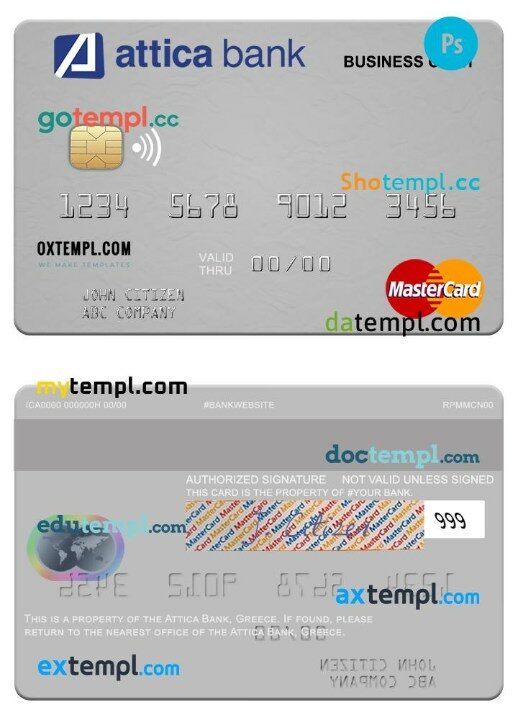 Greece Attica Bank business cash mastercard template in PSD format