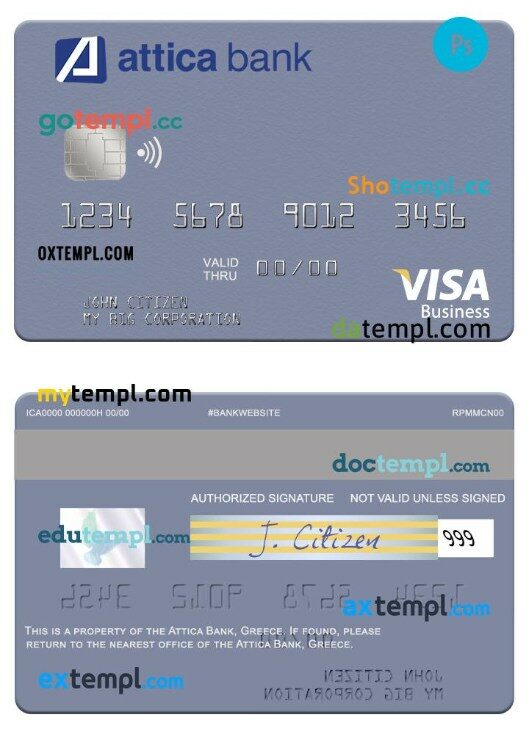 Greece Attica Bank visa business card template in PSD format
