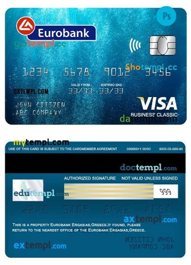 Greece Eurobank ergasias visa business classic card template in PSD format