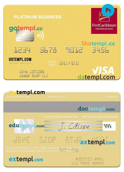 Grenada CBIC business visa platinum card template in PSD format