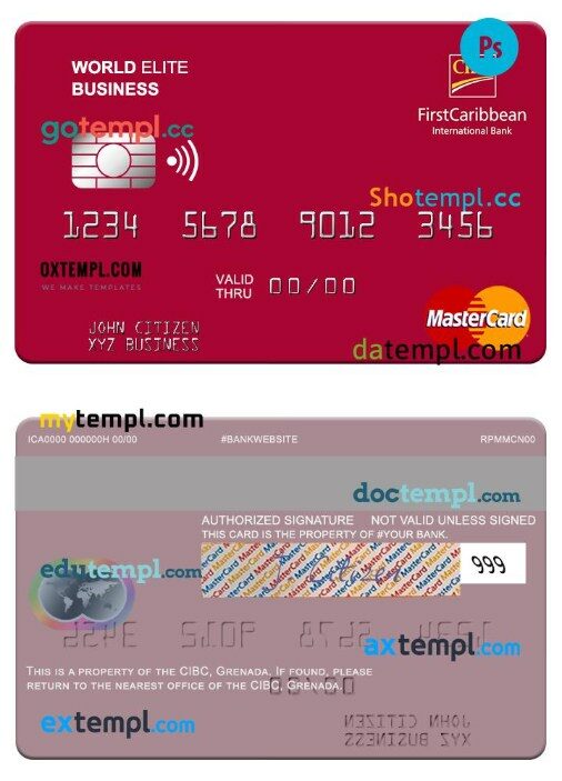 Grenada CBIC world elite business mastercard template in PSD format