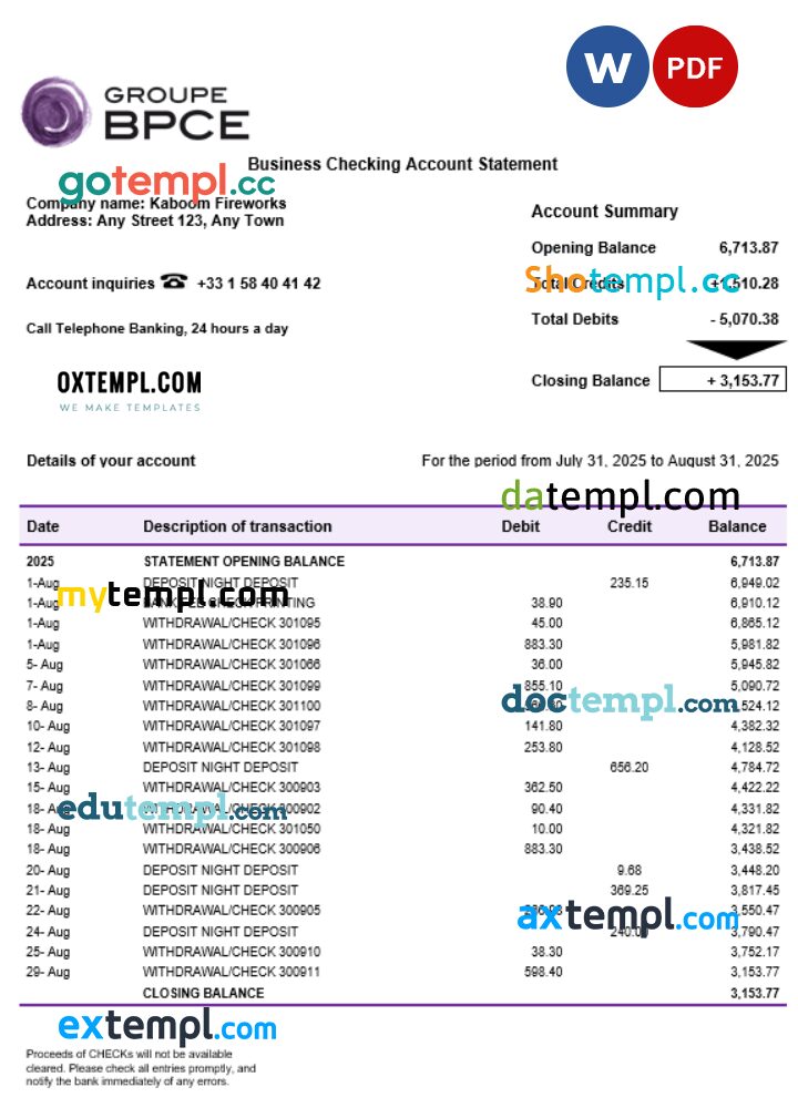 Groupe BPCE bank account business statement Word and PDF format
