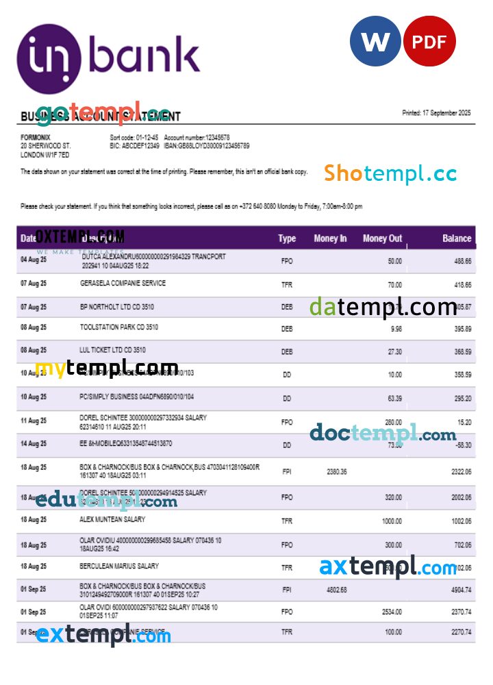 Inbank business firm account statement Word snd PDF format