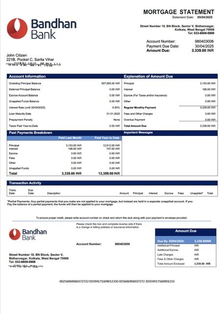 India Bandhan Bank mortgage statement Word and PDF template
