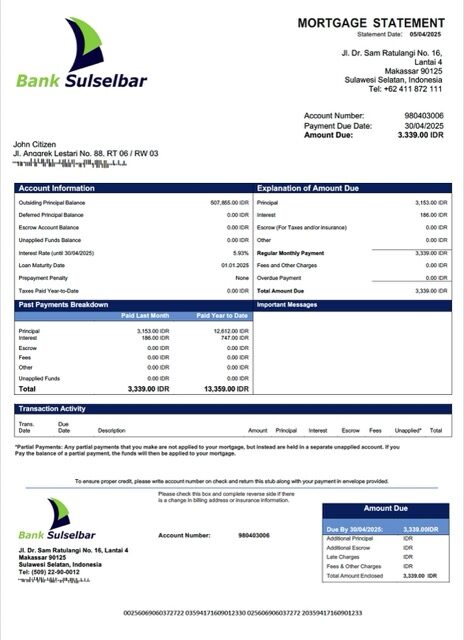 Indonesia Bank Sulselbar mortgage statement Word and PDF template