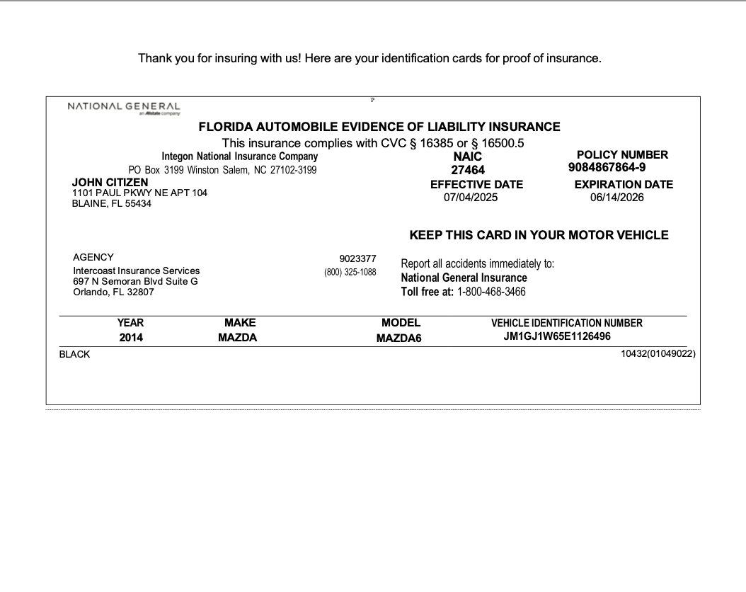 Intercoast Insurance Services Florida automobile evidence of liability insurance Word and PDF template