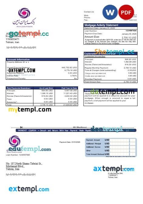 Iran Zamin bank mortgage statement in Word and PDF formats
