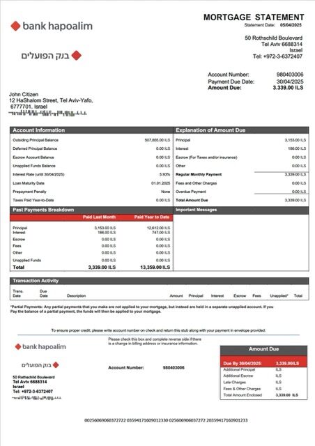 Israel Bank Hapoalim mortgage statement Word and PDF template