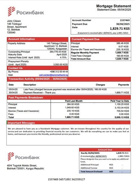 Kyrgyzstan Rosinbank mortgage statement Word and PDF template
