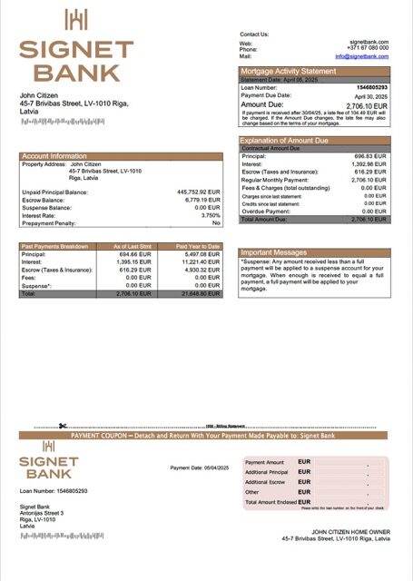 Latvia Signet Bank mortgage statement Word and PDF template