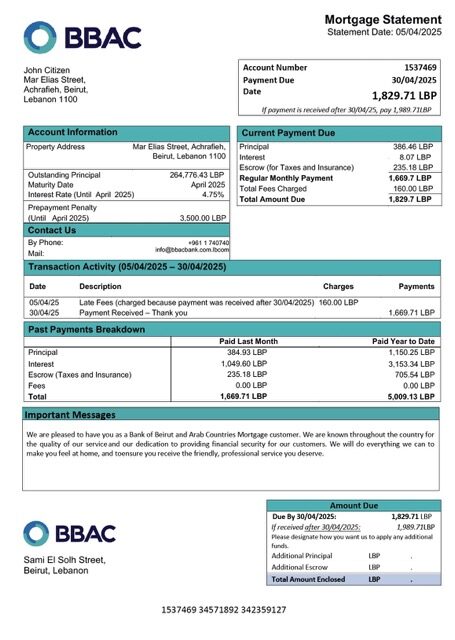 Lebanon Bank of Beirut and Arab Countries (BBAC) mortgage statement ...