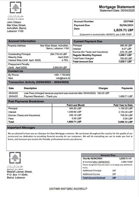 Lebanon Banque du Liban mortgage statement Word and PDF template