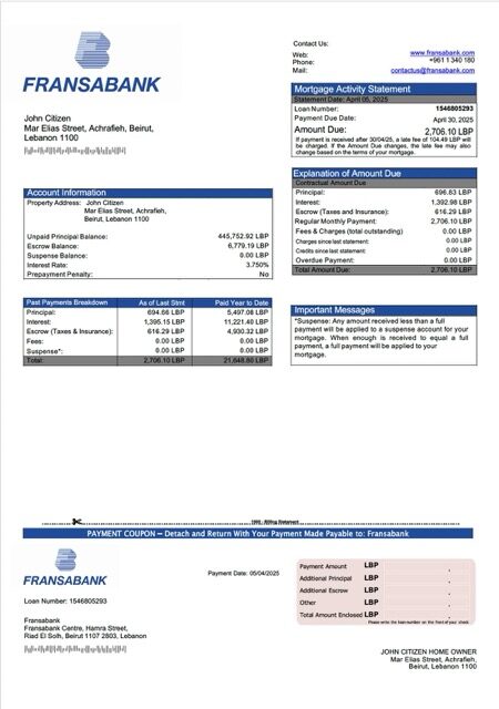 Lebanon Fransabank mortgage statement Word and PDF template