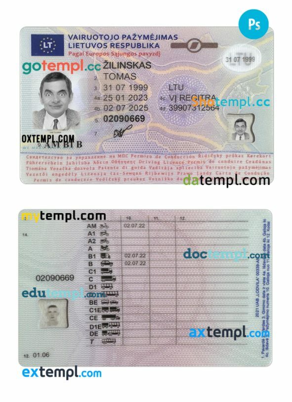 Lithuania driving license PSD editable template, 2023-present