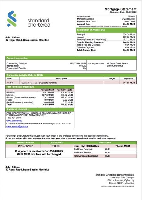 Mauritius Standard Chartered Bank (Mauritius) mortgage statement Word and PDF template