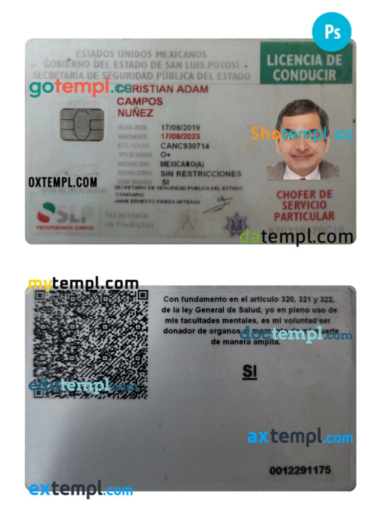 Mexico driving license PSD editable template, 2019-present