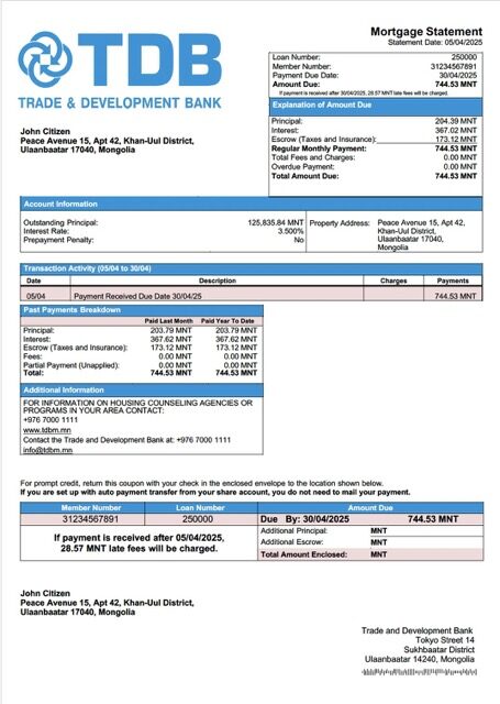 Mongolia Trade and Development Bank mortgage statement Word and PDF template