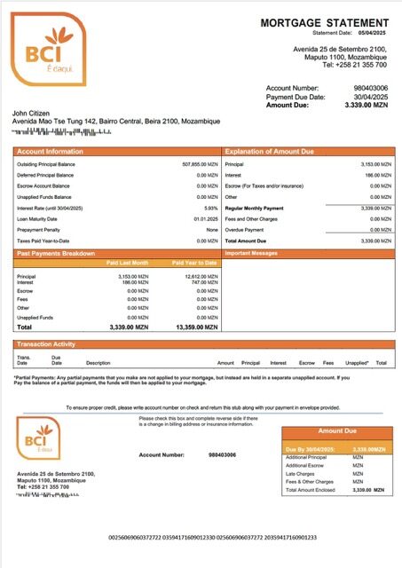 Mozambique Banco Comercial e de Investimentos mortgage statement Word and PDF template