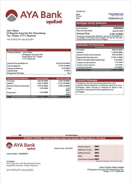 Myanmar AYA Bank mortgage statement Word and PDF template