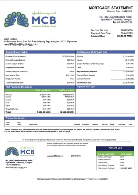 Myanmar Citizens Bank mortgage statement Word and PDF template