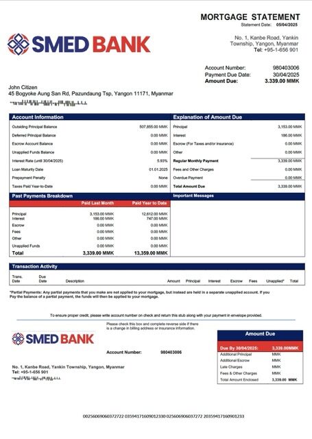 Myanmar SME Development Bank mortgage statement Word and PDF template