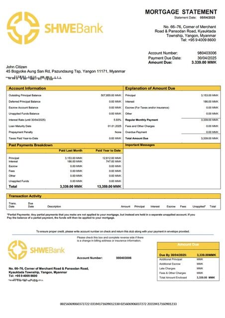 Myanmar Shwe Bank mortgage statement Word and PDF template