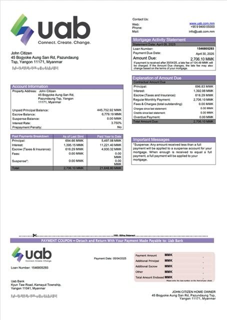 Myanmar uab Bank mortgage statement Word and PDF template