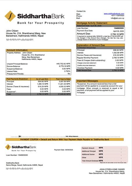 Nepal Siddhartha Bank mortgage statement Word and PDF template