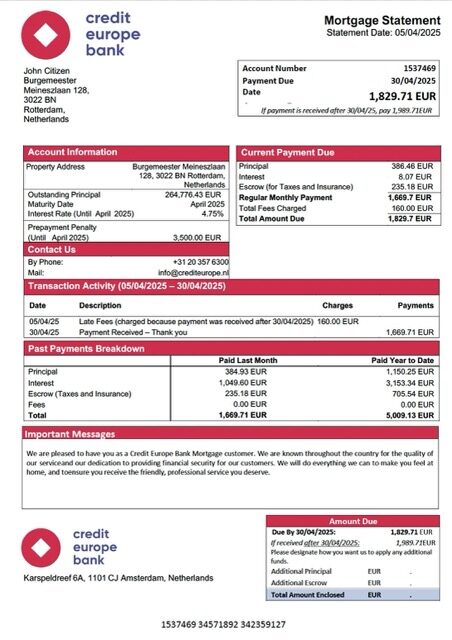 Netherlands Credit Europe Bank mortgage statement Word and PDF template