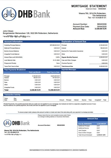 Netherlands DHB Bank mortgage statement Word and PDF template
