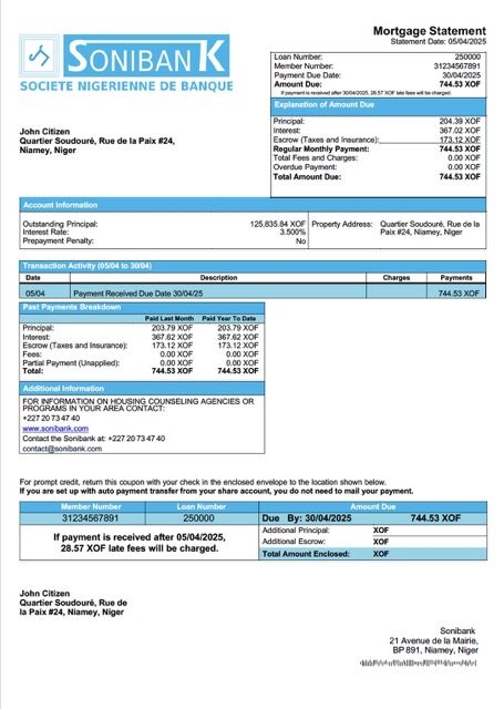 Niger Sonibank mortgage statement Word and PDF template