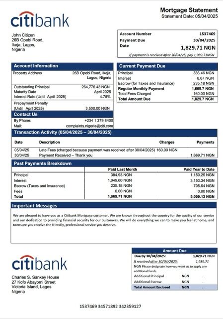 Nigeria Citibank mortgage statement Word and PDF template