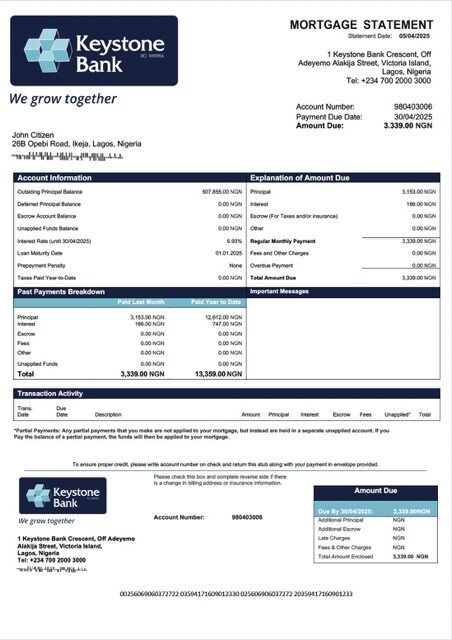 Nigeria Keystone Bank mortgage statement Word and PDF template