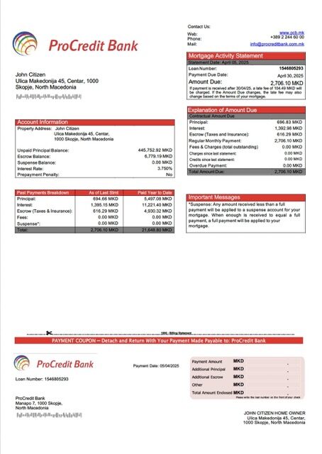 North Macedonia ProCredit Bank mortgage statement Word and PDF template