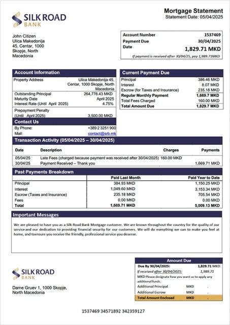 North Macedonia Silk Road Bank mortgage statement Word and PDF template