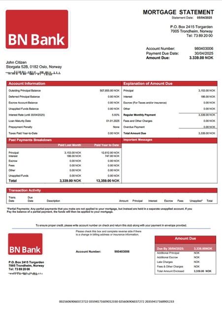 Norway BN Bank mortgage statement Word and PDF template
