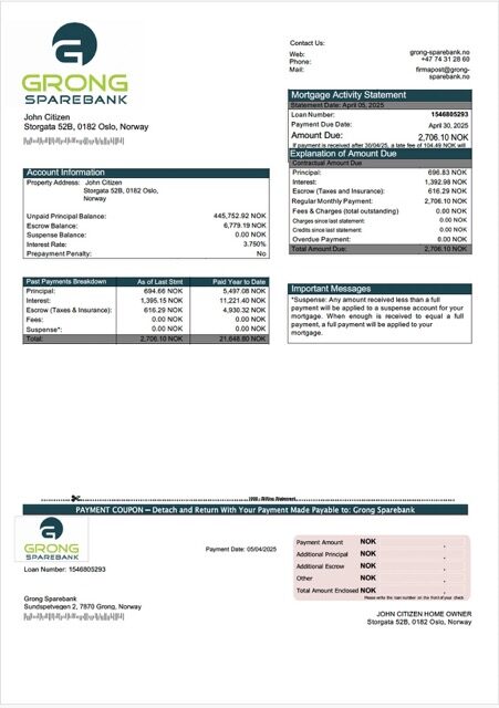 Norway Grong Sparebank mortgage statement Word and PDF template