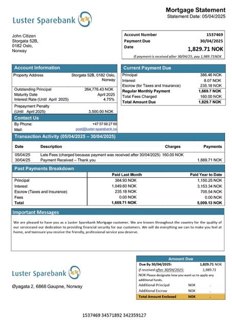 Norway Luster Sparebank mortgage statement Word and PDF template
