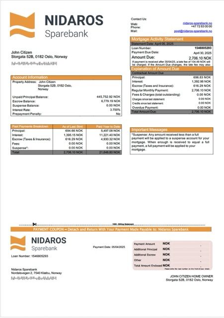 Norway Nidaros Sparebank mortgage statement Word and PDF template